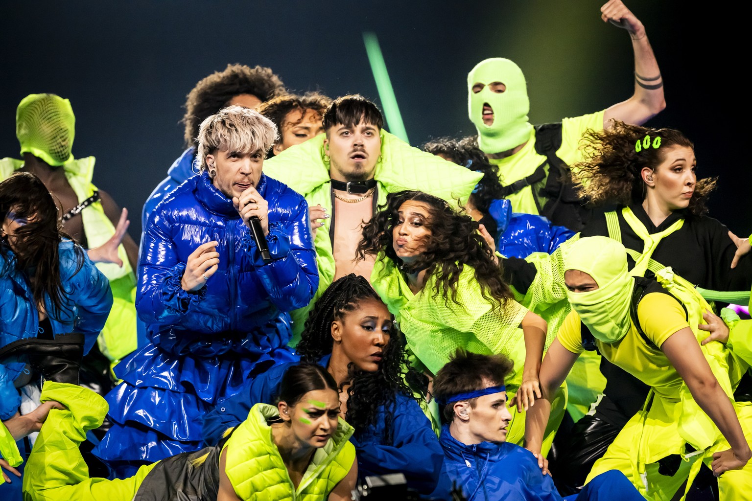 epa12108032 Baby Lasagna (C-L) and Kaarija (C) perform during the dress rehearsal for the Grand Final of the 69th Eurovision Song Contest (ESC) in Basel, Switzerland, 16 May 2025. EPA/GEORGIOS KEFALAS