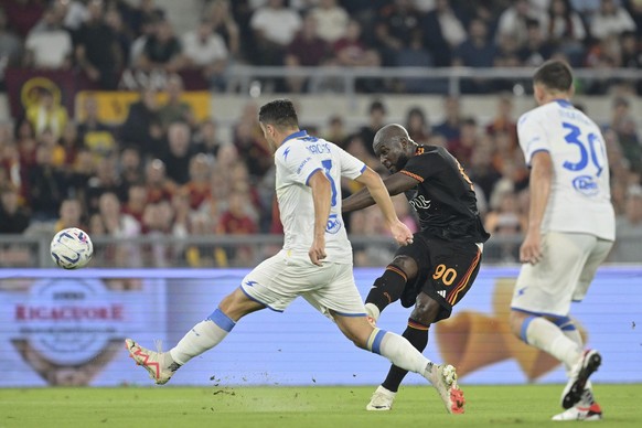 Roma&#039;s Romelu Lukaku in action during the Serie A soccer match between Roma and Frosinone, at the Rome Olympic stadium Sunday, Oct. 1, 2023. (Alfredo Falcone/LaPresse via AP)