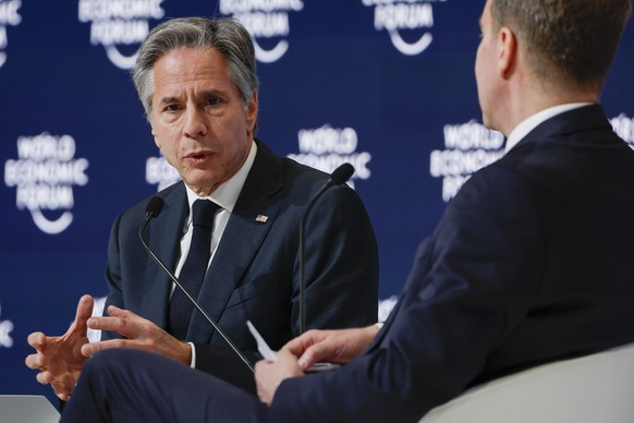 U.S. Secretary of State Antony Blinken, left, attends the World Economic Forum (WEF) in Riyadh, Saudi Arabia, Monday April 29, 2024. (Evelyn Hockstein/Pool via AP)