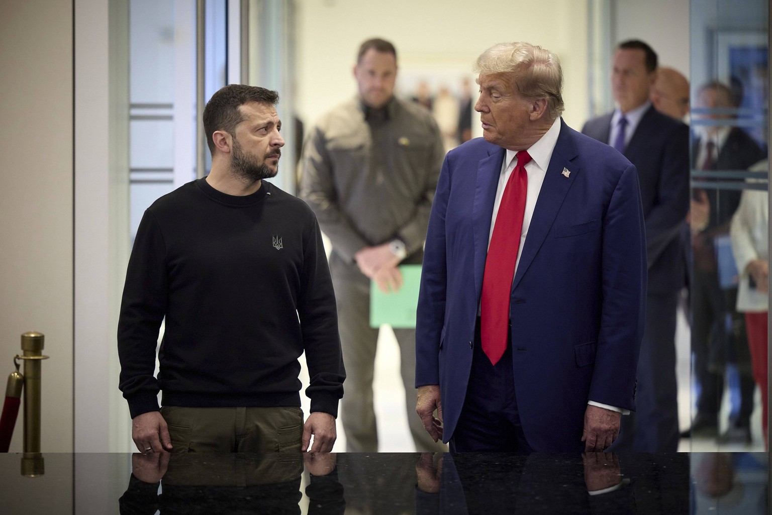 September 27, 2024, New York, Ny, United States of America: Former U.S President Donald Trump, right, responds to a question during an impromptu press conference with Ukrainian President Volodymyr Zel ...