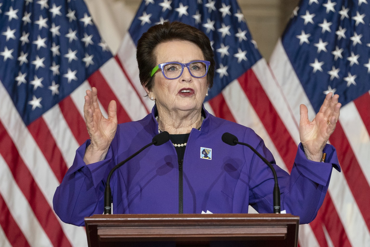 FILE - Billie Jean King speaks at a Women&#039;s History Month event honoring women athletes in celebration of the 50th Anniversary of Title IX, Wednesday, March 9, 2022, on Capitol Hill in Washington ...