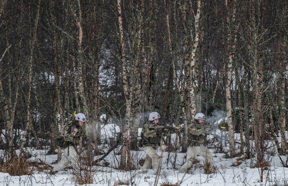 Soldiers assault an enemy position during an attack simulation involving the Norwegian 133 Air Wing Force Protection battalion and the British 51 Squadron RAF Regiment at Evenes Airbase, near Narvik o ...