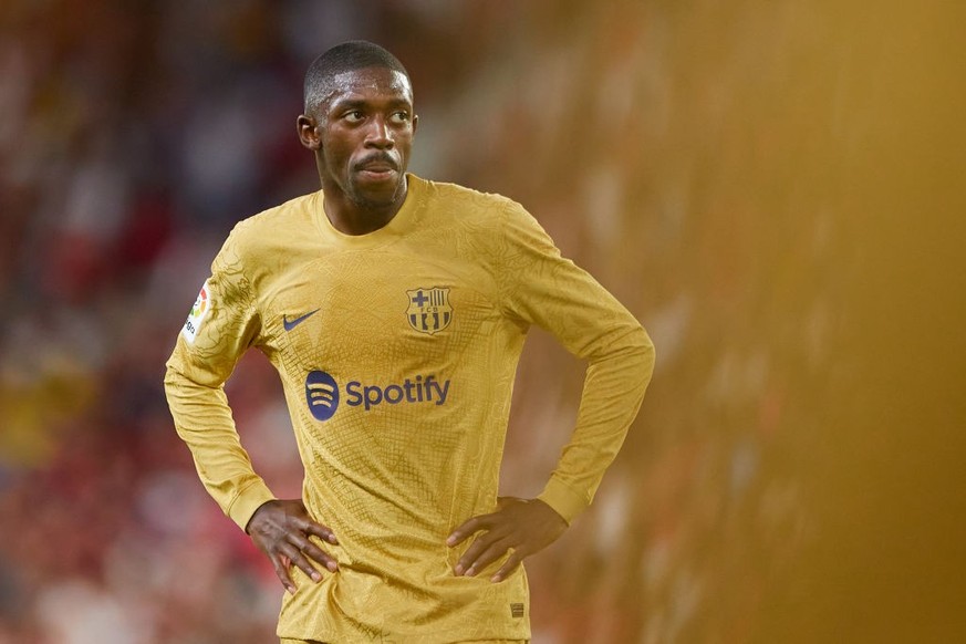 SEVILLE, SPAIN - SEPTEMBER 03: Ousmane Dembele of FC Barcelona looks on during the LaLiga Santander match between Sevilla FC and FC Barcelona at Estadio Ramon Sanchez Pizjuan on September 03, 2022 in  ...