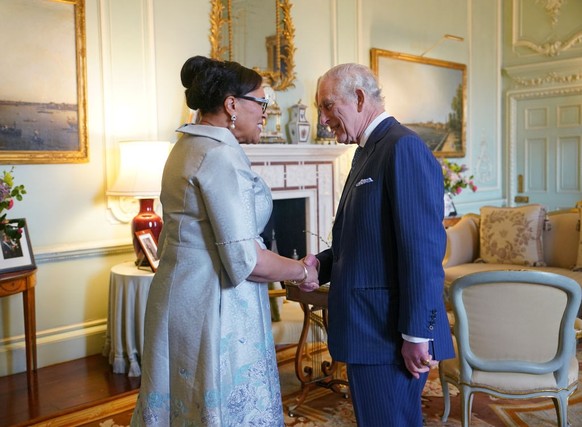 LONDON, ENGLAND - MARCH 13: King Charles III during an audience with Commonwealth Secretary General, Baroness Scotland of Asthal, at Buckingham Palace on March 13, 2024 in London, England.(Photo by Yu ...