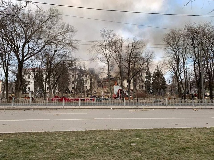 This photo released by Donetsk Regional Civil-Military Administration Council on Wednesday, March 16, 2022 shows the Drama Theatre, damaged after shelling, in Mariupol, Ukraine. (Donetsk Regional Civi ...