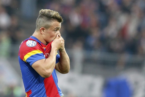 Basel&#039;s Xherdan Shaqiri reacts after scoring 1:1 during the Super League soccer match between FC Basel and BSC Young Boys at the St. Jakob-Park stadium in Basel, Switzerland, on Wednesday, May 23 ...