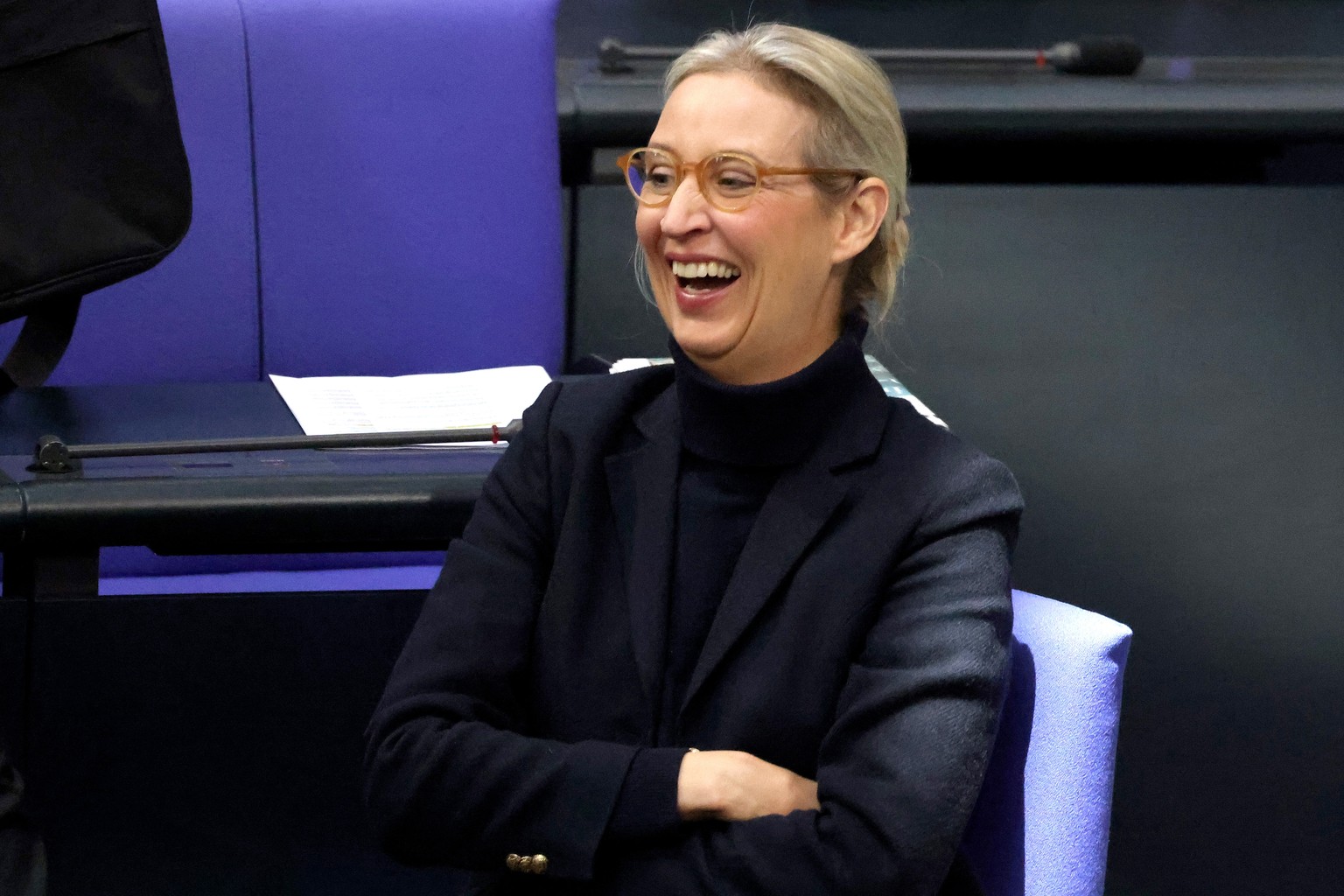 epa11970992 Alternative for Germany (AfD) party and faction co-chairwoman Alice Weidel attends a special plenary session of the German parliament &#039;Bundestag&#039;, in Berlin, Germany, 18 March 20 ...