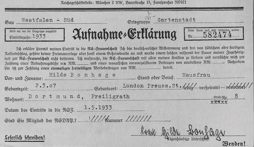 Déclaration d’adhésion à la «NS-Frauenschaft» (ligue national-socialiste des femmes), 1933.