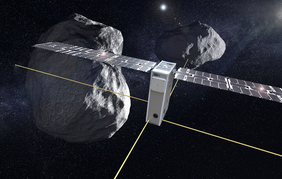Le nanosatellite Juventas portant le radar JuRa en orbite autour de Didymos, vue d’artiste.