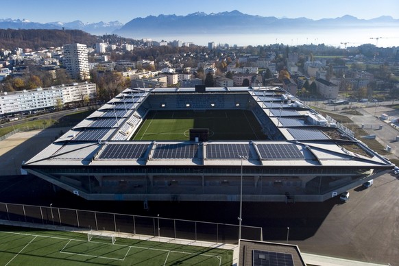 Le stade de football de la Tuiliere photographie ce mercredi 18 novembre 2020 a Lausanne. Le premier match officiel du club de football de Super League du FC Lausanne-Sport dans son nouveau stade est  ...