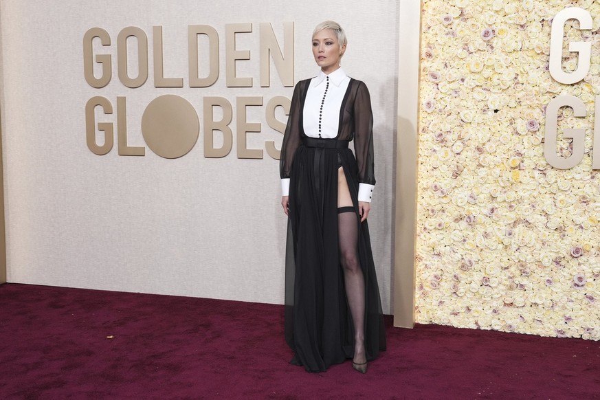 Pom Klementieff arrives at the 81st Golden Globe Awards on Sunday, Jan. 7, 2024, at the Beverly Hilton in Beverly Hills, Calif. (Photo by Jordan Strauss/Invision/AP)