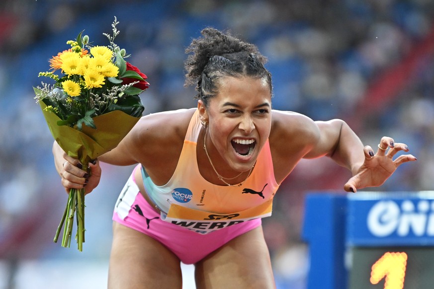 KEYPIX - Audrey Werro of Switzerland celebrates after wining the women's 800 meters event at the Golden Spike athletics meeting in Ostrava, Czech Republic, Tuesday, June 16, 2026. (AP Photo/Lukas ...
