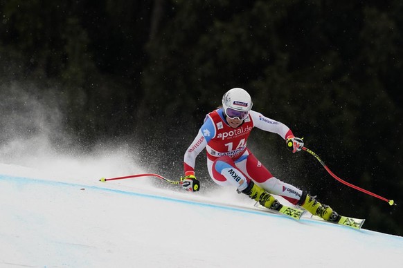 Switzerland&#039;s Jasmine Flury competes during an alpine ski, women&#039;s World Cup downhill training session in Garmish Partenkirchen, Germany, Friday, Jan. 28, 2022. (AP Photo/Marco Tacca)