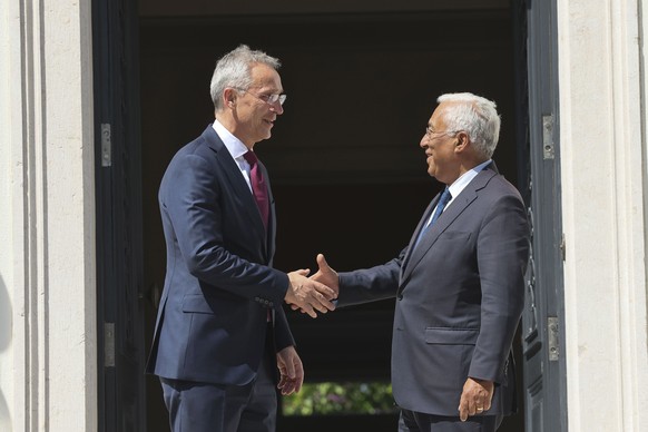 epa10636815 NATO Secretary General Jens Stoltenberg (L) and Portuguese Prime Minister Antonio Costa (R), at the Sao Bento Palace in Lisbon, Portugal, 18 May 2023. NATO Secretary General Jens Stoltenbe ...