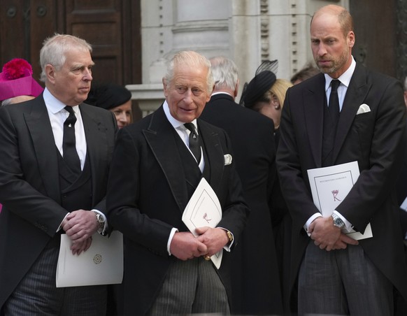 Britain&#039;s Kate, Princess of Wales, Prince William, Prince Andrew and Britain&#039;s King Charles III leave after the Requiem Mass service for the Duchess of Kent at Westminster Cathedral in Londo ...