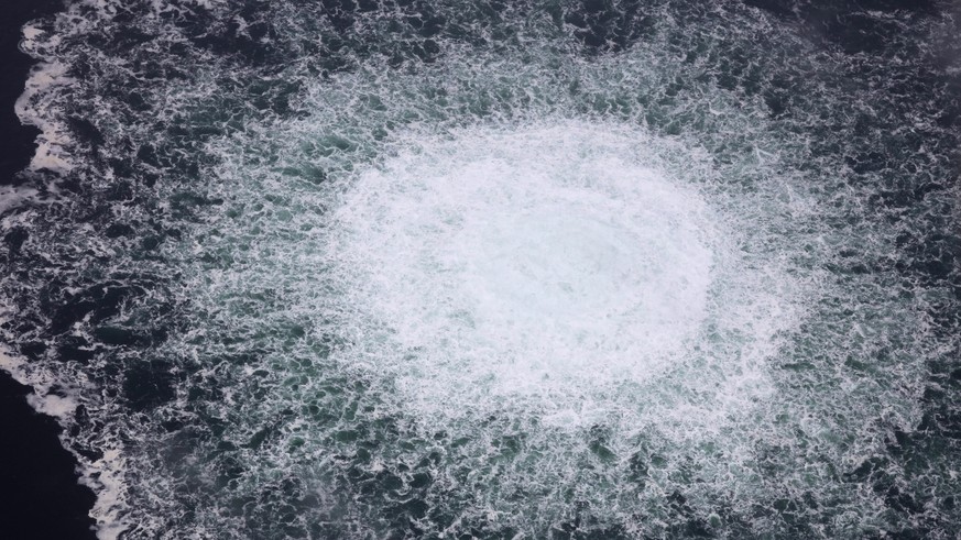 epa10213305 A handout photo made available by the Swedish Coast Guard and taken from the Swedish Coast Guard aircraft shows The big gas leak from Nord stream 1 in the Swedish economic zone in the Balt ...