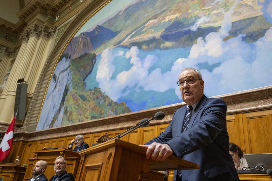 Bundesrat Guy Parmelin spricht im Nationalrat an der Fruehjahrssession der Eidgenoessischen Raete, am Dienstag, 12. Maerz 2024, in Bern. (KEYSTONE/Peter Schneider)