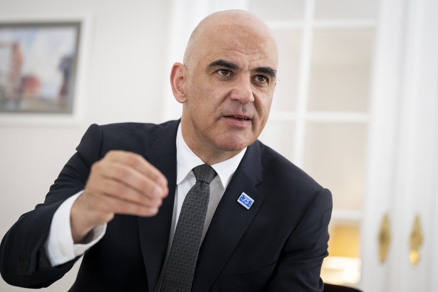 epa11438680 Newly elected Secretary General of the Council of Europe, Alain Berset, speaks with Le Temps journalist Valerie de Graffenried (not pictured) after a press conference one day after his ele ...