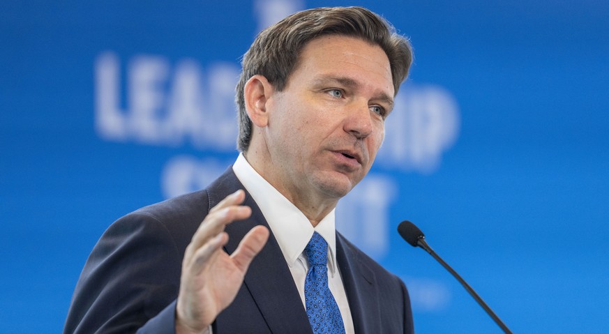 FILE - Florida Gov. Ron DeSantis speaks at the Heritage Foundation 50th Anniversary Celebration leadership summit, Friday, April 21, 2023, in Oxon Hill, Md. A new sense of urgency is growing among DeS ...