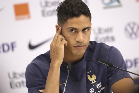 France's Raphael Varane answers questions during a press conference at the Jassim Bin Hamad stadium in Doha, Qatar, Monday, Dec. 12, 2022. France will play against Morocco during their World Cup semif ...