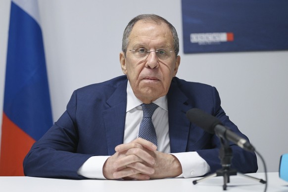 epa11758773 A handout photo made available by the Russian Foreign Ministry Press Service press-service shows Russian Foreign Minister Sergei Lavrov attends a press conference during the 31st Ministeri ...