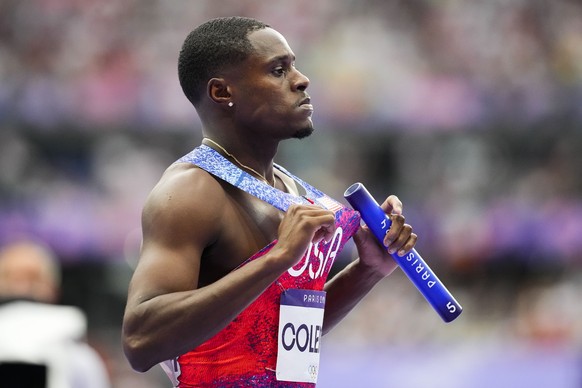 Christian Coleman, of the United States, prepares for the men&#039;s 4 x 400-meter relay final at the 2024 Summer Olympics, Friday, Aug. 9, 2024, in Saint-Denis, France. (AP Photo/Petr David Josek)