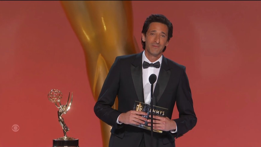 In this video grab issued Sunday, Sept. 19, 2021, by the Television Academy, Adrien Brody presents the award for outstanding drama series during the Primetime Emmy Awards. (Television Academy via AP)
 ...