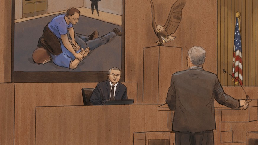 In this courtroom sketch, former Minneapolis Police Officer Tou Thao testifies during his trial in the killing of George Floyd in federal court in St. Paul, Minn., on Tuesday, Feb. 15, 2022. Thao is o ...