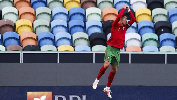 epa09258510 Portugal&#039;s Cristiano Ronaldo celebrates after scoring during the international friendly soccer match between Portugal and Israel, in preparation for the upcoming UEFA EURO 2020 tourna ...