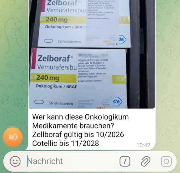 Capture d'écran du groupe Telegram de la ville de Zurich: une femme fait don d'un médicament anticancéreux. Si l'intention est louable, la loi interdit ce type de don.
