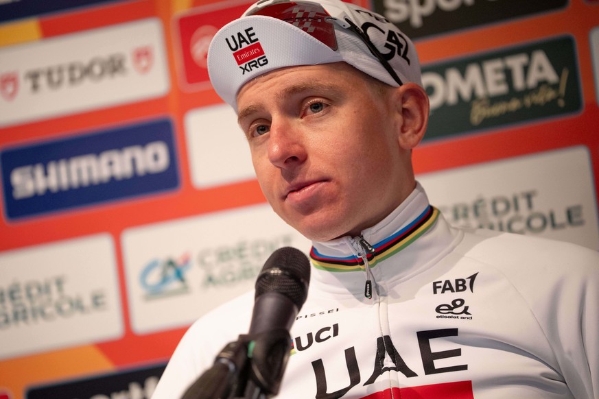 Slovenia's Tadej Pogacar of UAE Team Emirates XRG looks on during a press conference after winning the men's elite race of the Milano-Sanremo one day cycling race (298 km) from Pavia to Sanr ...