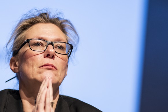 Beatrice Pilloud, Attorney General of the Canton of Valais, reacts during a press conference about the Le Constellation bar and lounge leaving people dead and injured, during New Years celebration, i ...