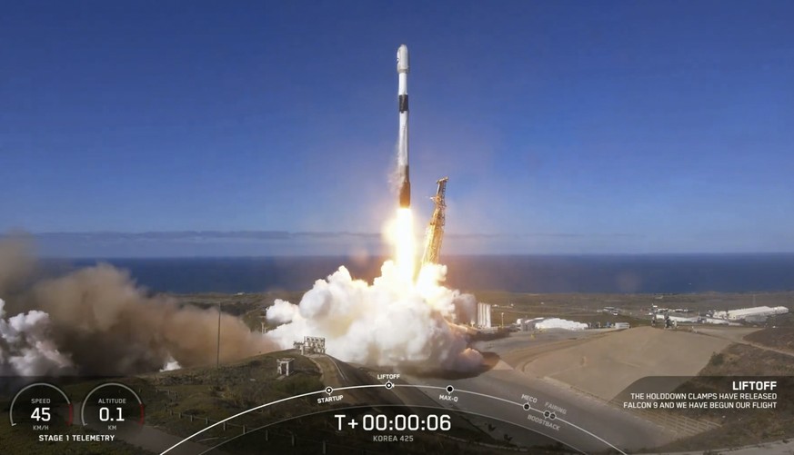 In this image from video provided by SpaceX, South Korea launches its first military spy satellite from Vandenberg Space Force Base, Calif., Friday, Dec. 1, 2023. Using SpaceX&#039;s Falcon 9 rocket,  ...