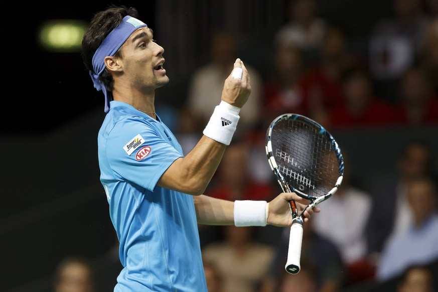Fabio Fognini, of Italy, speaks to the referee, during the third single match of the Davis Cup World Group Semifinal match between Switzerland and Italy, at Palexpo, in Geneva, Switzerland, Sunday, Se ...