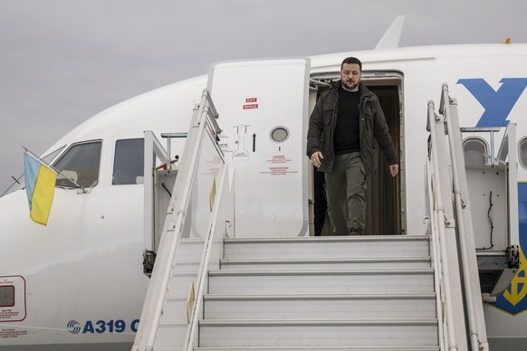 Volodymyr Zelenskyy, President of Ukraine, disembarks from his plane, on Monday, January 15, 2024 at the Airport of Zurich Kloten, Switzerland. Zelenskyy will attend the World Economic Forum in Davos  ...