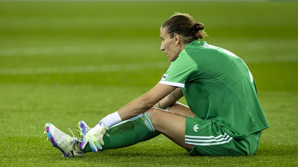 Germany&#039;s goalkeeper Ann-Katrin Berger reacts during the Women&#039;s EURO 2025 semi final soccer match between Germany and Spain at the Letzigrund stadium in Zurich, Switzerland, on Wednesday, J ...