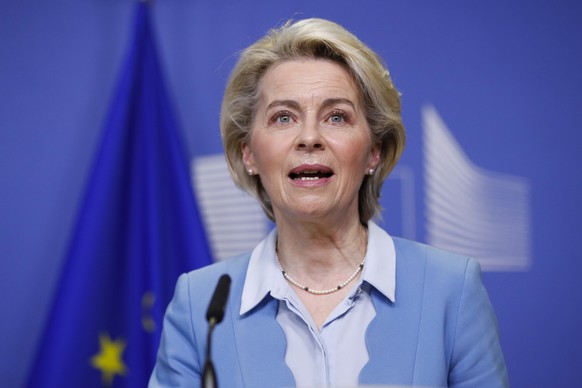 European Commission President Ursula von der Leyen speaks during a media conference prior to a meeting with Colombian President Ivan Duque Marquez at EU headquarters in Brussels, Monday, Feb. 14, 2022 ...