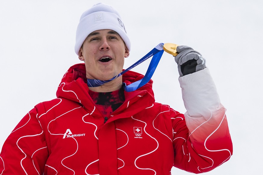 KEYPIX - Gold medalist Franjo von Allmen of Switzerland reacts on the podium after the men's alpine skiing Super-G race at the 2026 Olympic Winter Games at the Stelvio Ski centre in Bormio, Italy ...
