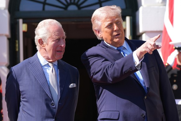 President Donald Trump and Britain's King Charles III talk at the White House, Monday, April 27, 2026, in Washington. (AP Photo/Alex Brandon).