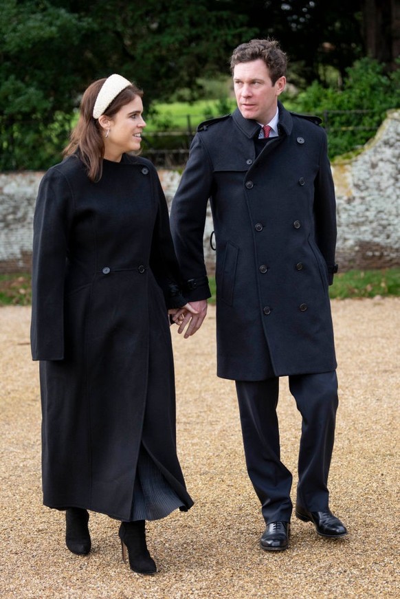 SANDRINGHAM, NORFOLK - DECEMBER 25: Princess Eugenie and Jack Brooksbank attend the Christmas Day service at St Mary Magdalene Church on December 25, 2023 in Sandringham, Norfolk. (Photo by Mark Cuthb ...
