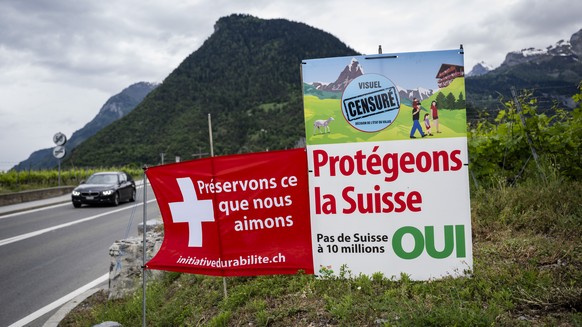 An electoral poster for the right-wing Swiss People's Party (SVP) popular initiative "No 10-million-Switzerland" is pictured in a vineyard in Chamoson, Switzerland, Sunday, May 10, 2026 ...