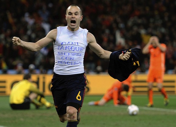 FILE - Spain&#039;s Andres Iniesta celebrates after scoring the only goal in the World Cup final soccer match against the Netherlands at Soccer City in Johannesburg, South Africa, July 11, 2010 file p ...