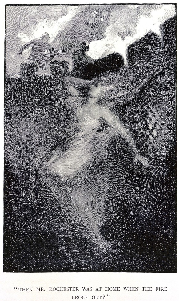 BRONTE Oeuvre Incendie sur des remparts. Illustration par Edmund H. Garrett 1853-1929pour Jane Eyre de Charlotte Bronte 1816-1855, edition anglaise de 1897. Credit : Collection British Library/KHARBIN ...