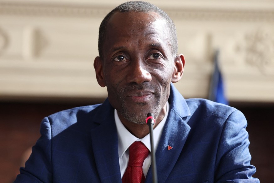 Saint-Denis' mayor Bally Bagayoko chairs the first session of the newly-elected city council in Saint-Denis, suburb of Paris on March 21, 2026. (Photo by Ludovic MARIN / AFP)