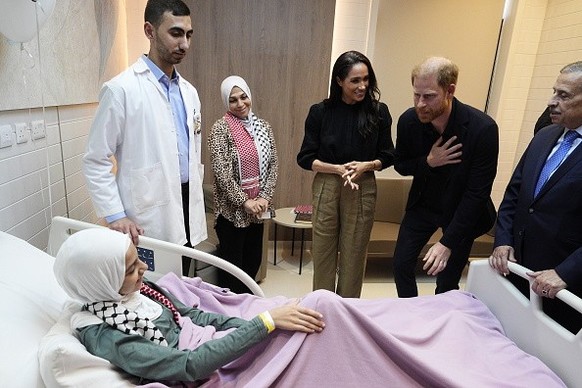 The Duke and Duchess of Sussex meet Maria, a 14 year old burn victim from Gaza, during a visit to the Specialty Hospital in Amman, Jordan. Picture date: Wednesday February 25, 2026. (Photo by Aaron Ch ...