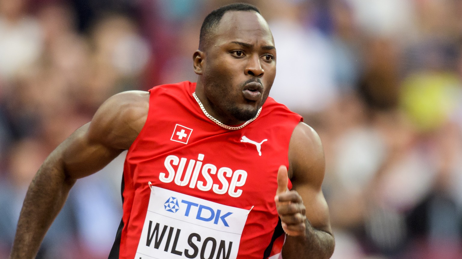 Alex Wilson from Switzerland competes during the 200m Men Qualification Round at the IAAF World Athletics Championships at the London Stadium, in the Queen Elizabeth Olympic Park in London, Britain, M ...