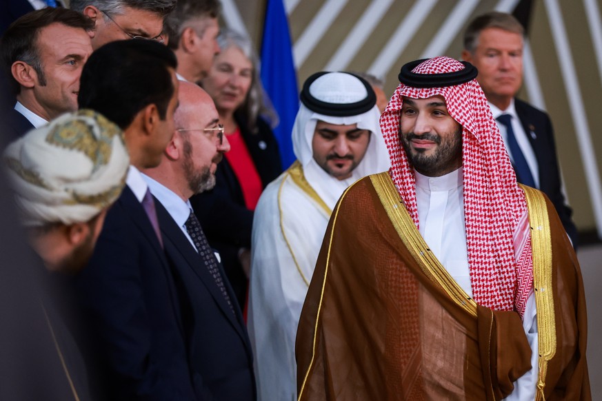 epa11662770 Saudi Arabian Crown Prince and Prime Minister Mohammed bin Salman bin Abdulaziz Al Saud (R) attends a family photo at the EU-Gulf Cooperation Council (GCC) summit in Brussels, Belgium, 16  ...