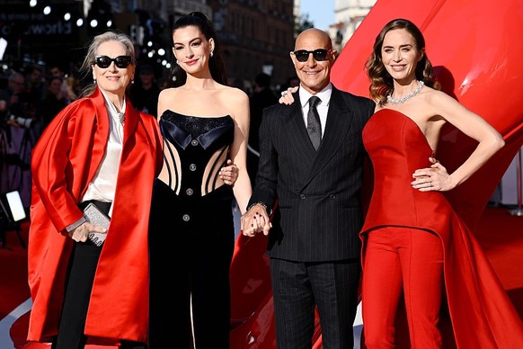 LONDON, ENGLAND - APRIL 22: Meryl Streep, Anne Hathaway, Stanley Tucci and Emily Blunt attend "The Devil Wears Prada 2" European Premiere inside Leicester Square on April 22, 2026 in London, ...