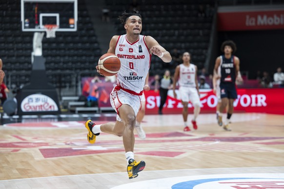Switzerland&#039;s Dayan Nessah, in action during the Round of 16 FIBA U19 Basketball World Cup 2025 between Switzerland and France in Lausanne, Switzerland, Wednesday July 2, 2025. (KEYSTONE/Cyril Zi ...