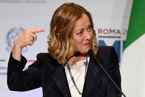 epa11743491 Italian Prime Minister Giorgia Meloni delivers a speech during the Rome Med - Mediterranean Dialogues conference in Rome, Italy, 27 November 2024. The MED conference is held in Rome from 2 ...